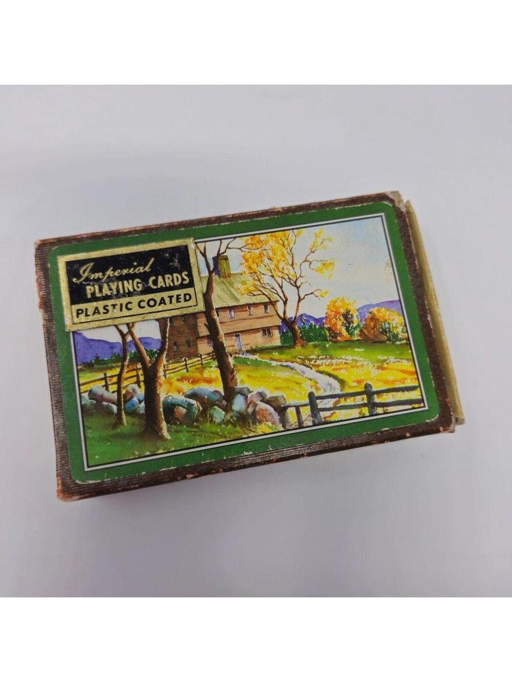 Vintage Playtime Plastic Coated Playing Cards USA Cottage Art Deck + 2 Jokers